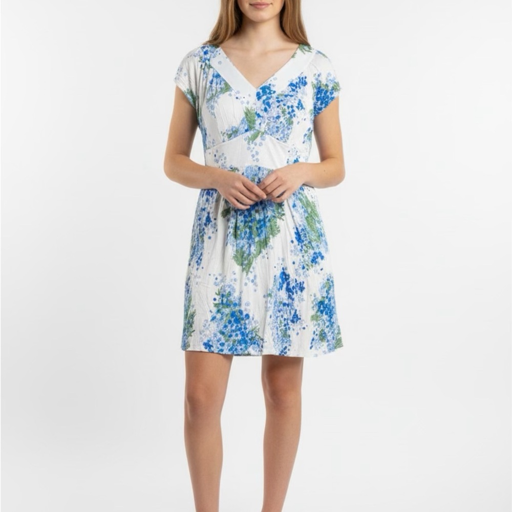 Boden White V‑Neck Mini Dress with Blue & Green Floral Print